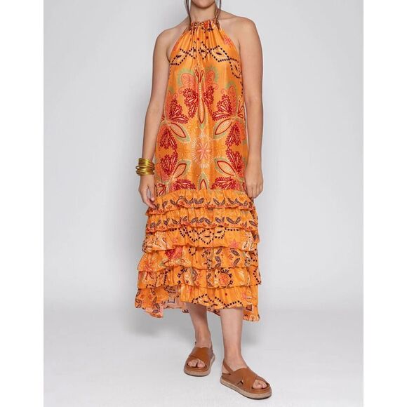 Sundress Dresses & Skirts - Sundress Maxi Dress M/L Floral Halter Tiered Flounce Boho Resort Vacation Luxe